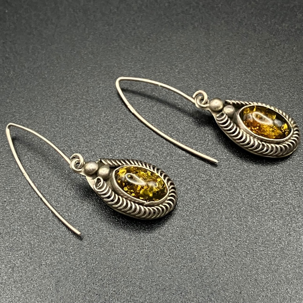 Artisan Sterling Silver Green Amber Dangle Earrings Rope Coil Detail  Boho - Picture 2 of 9